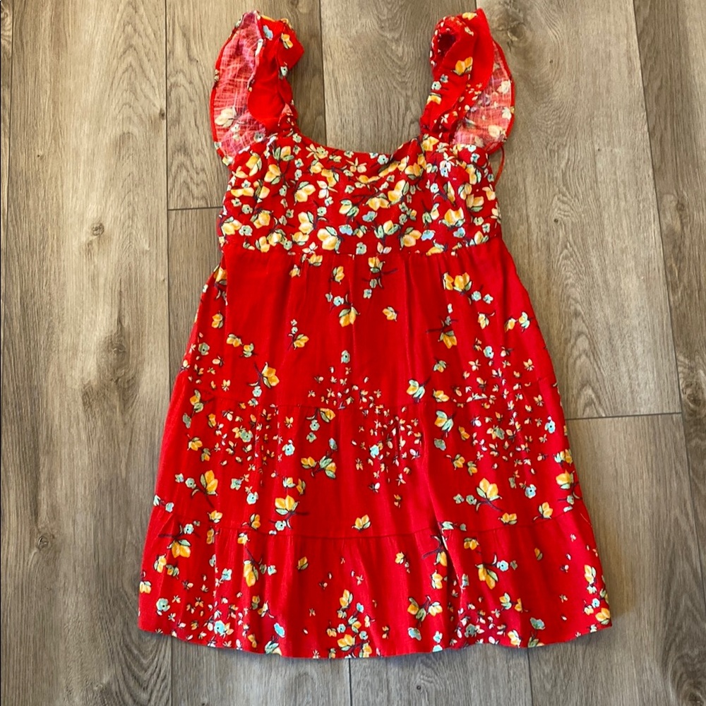 Lauren Conrad Floral and Lemon Printed Red Dress with Ruffle Sleeves